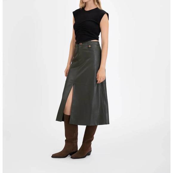 NEW TANYA TAYLOR vegan leather hudie skirt in deep army - Picture 2 of 3